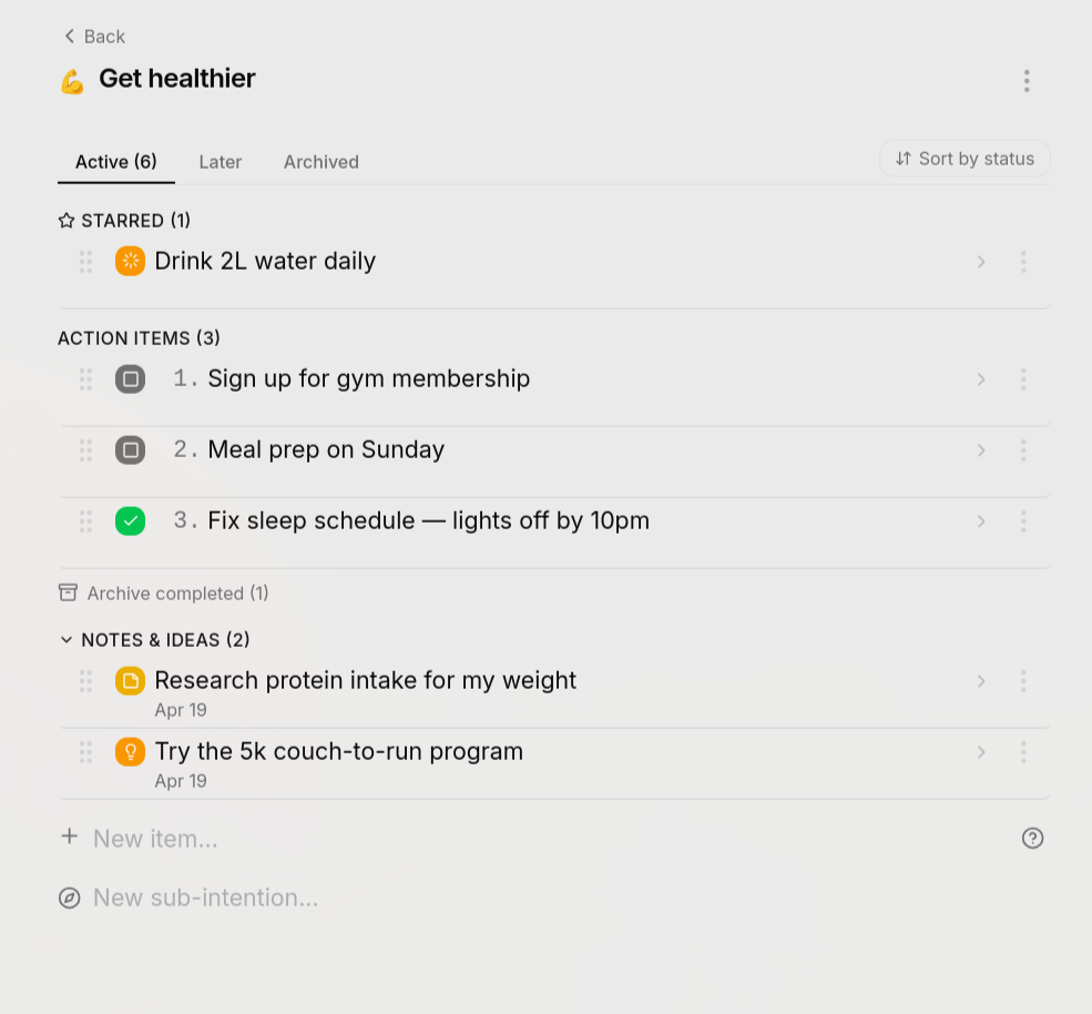 Inside Get healthier: starred items, tasks, notes and ideas